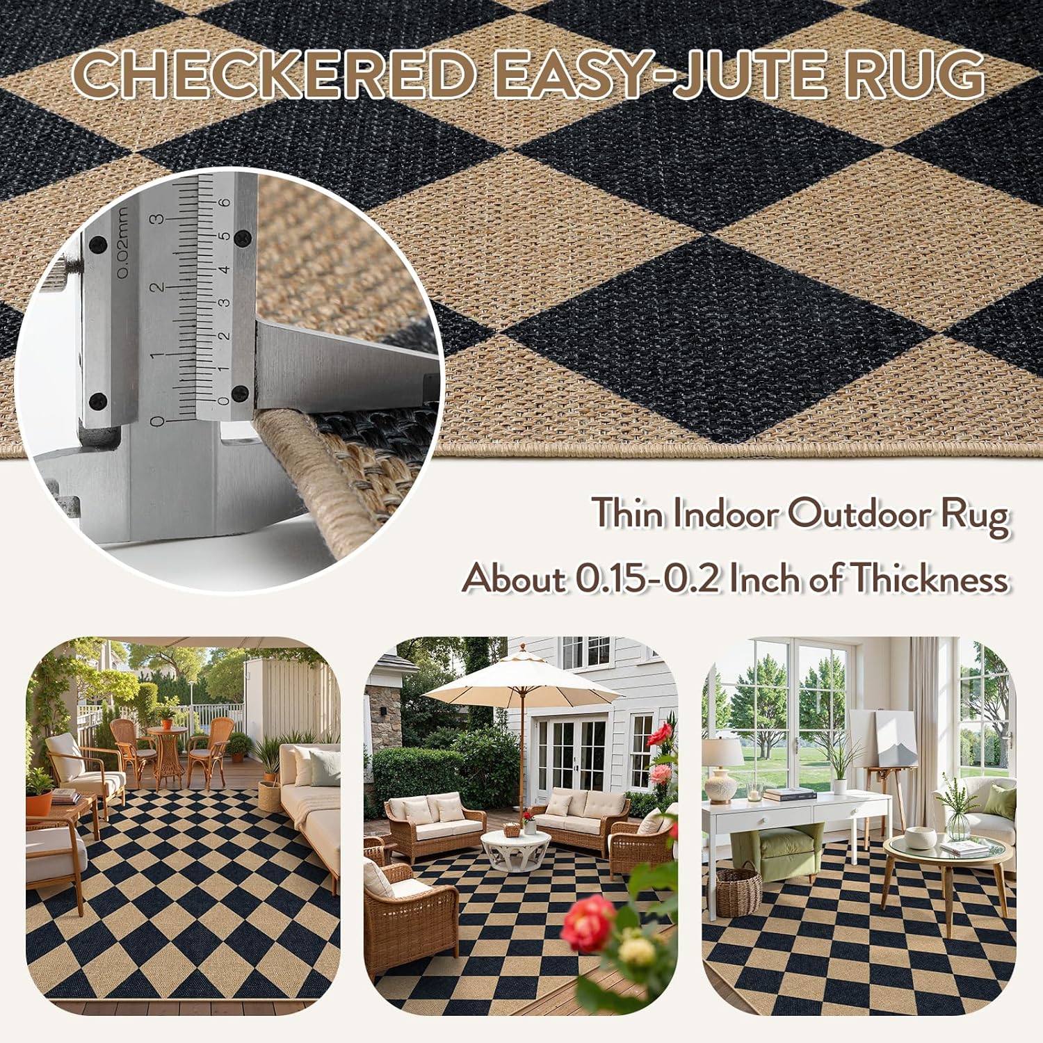 Thumbnail 2 de Lahome Colette Checkered Easy Jute Area Rug 8x10 (Black/Charcoal) for Indoor Outdoor Spaces
