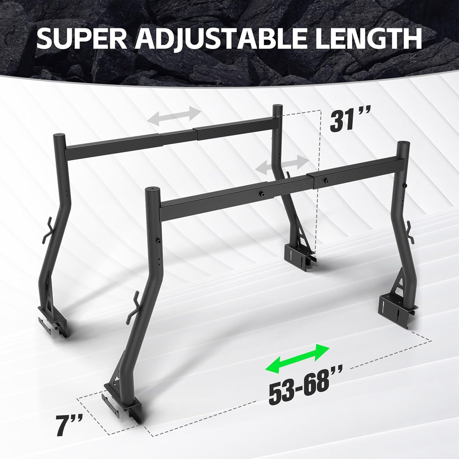 Detalle de YZONA Universal Truck Bed Ladder Rack (Non-Drilling) — Extendable Steel Cargo Rack, up to 900 lbs