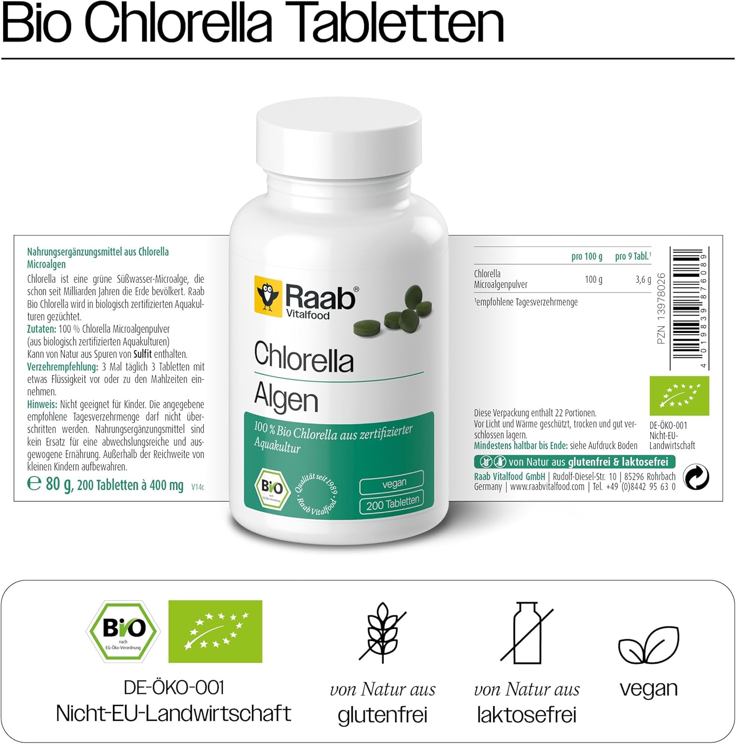 Thumbnail 1 de Raab Vitalfood Bio-Chlorella-Tabletten aus reinem Mikroalgen – 200 Stück, vegan, 80 g
