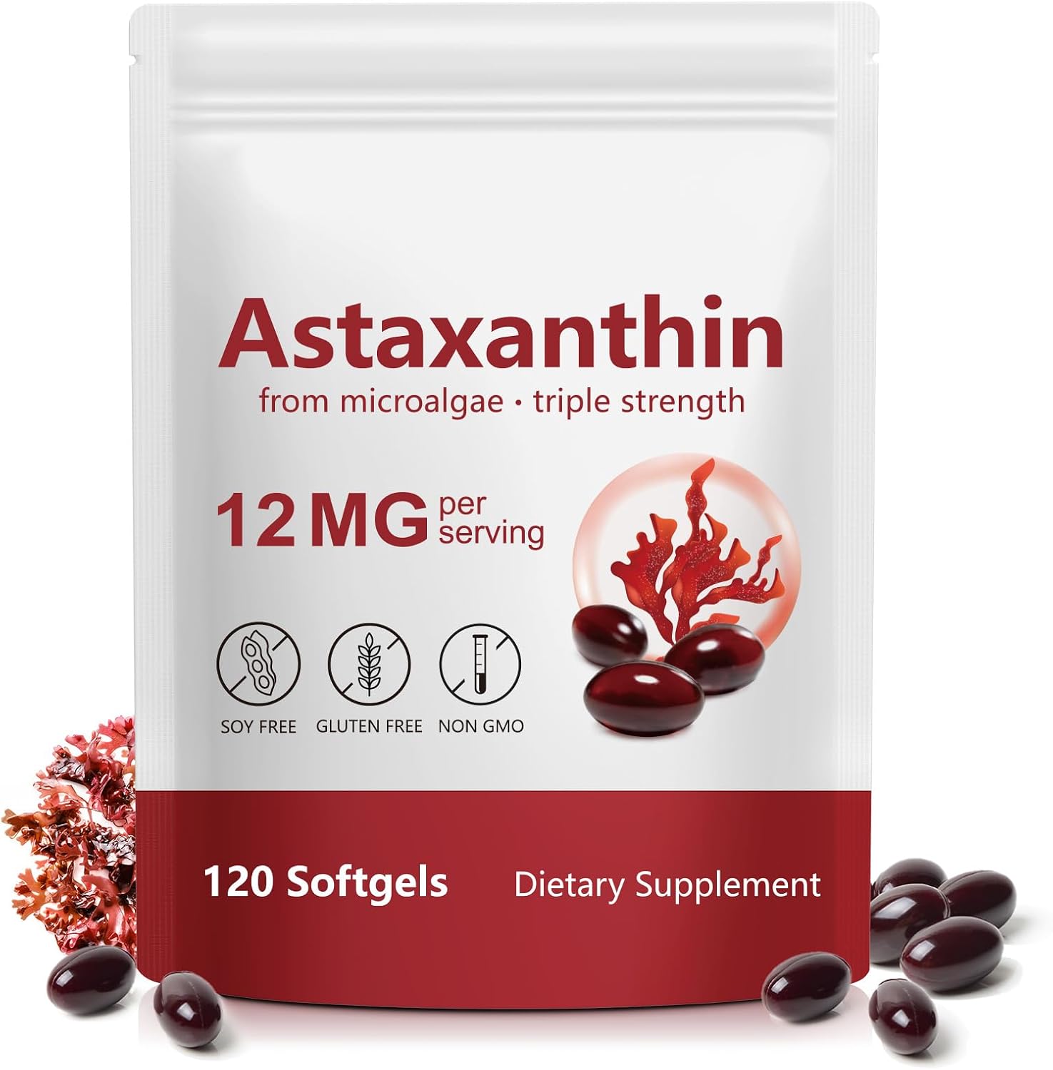 Detalle de Astaxanthin 12mg Ergänzungen – 120 Softgels aus Mikroalgen, Unterstützung für Haut, Augen, Gelenke und mehr