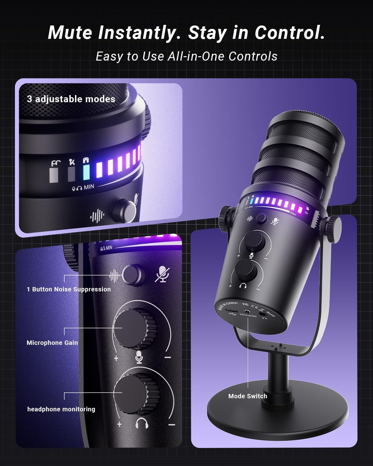 Detalle de MIHUI MH-01 USB Microphone, RGB, One-Touch Mute and Gain Control