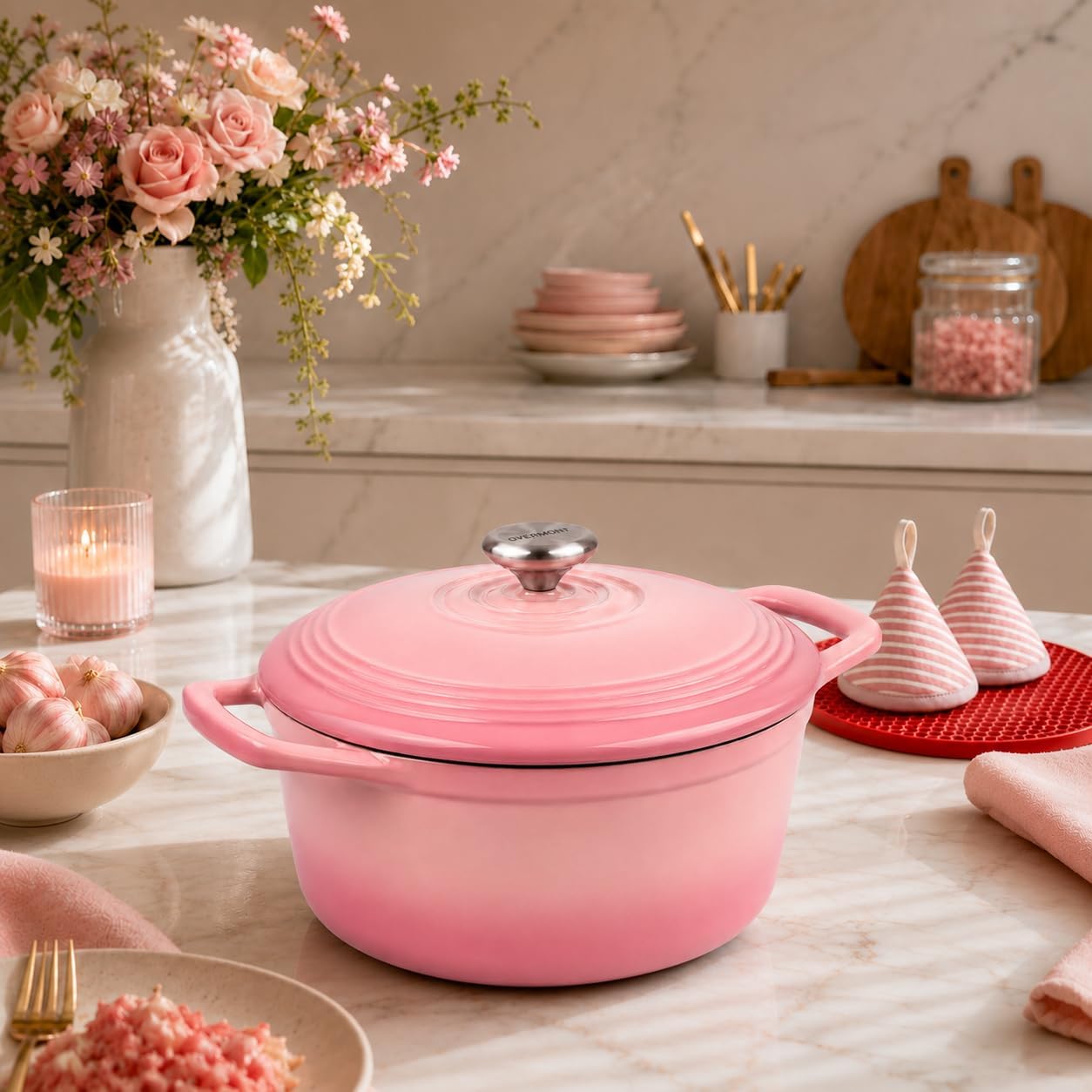 Thumbnail 6 de Overmont Enameled Cast Iron Dutch Oven 5.5QT with Wide Handles and Lid: Heavy-Duty, Pre-Seasoned, Oven Safe to 500°F