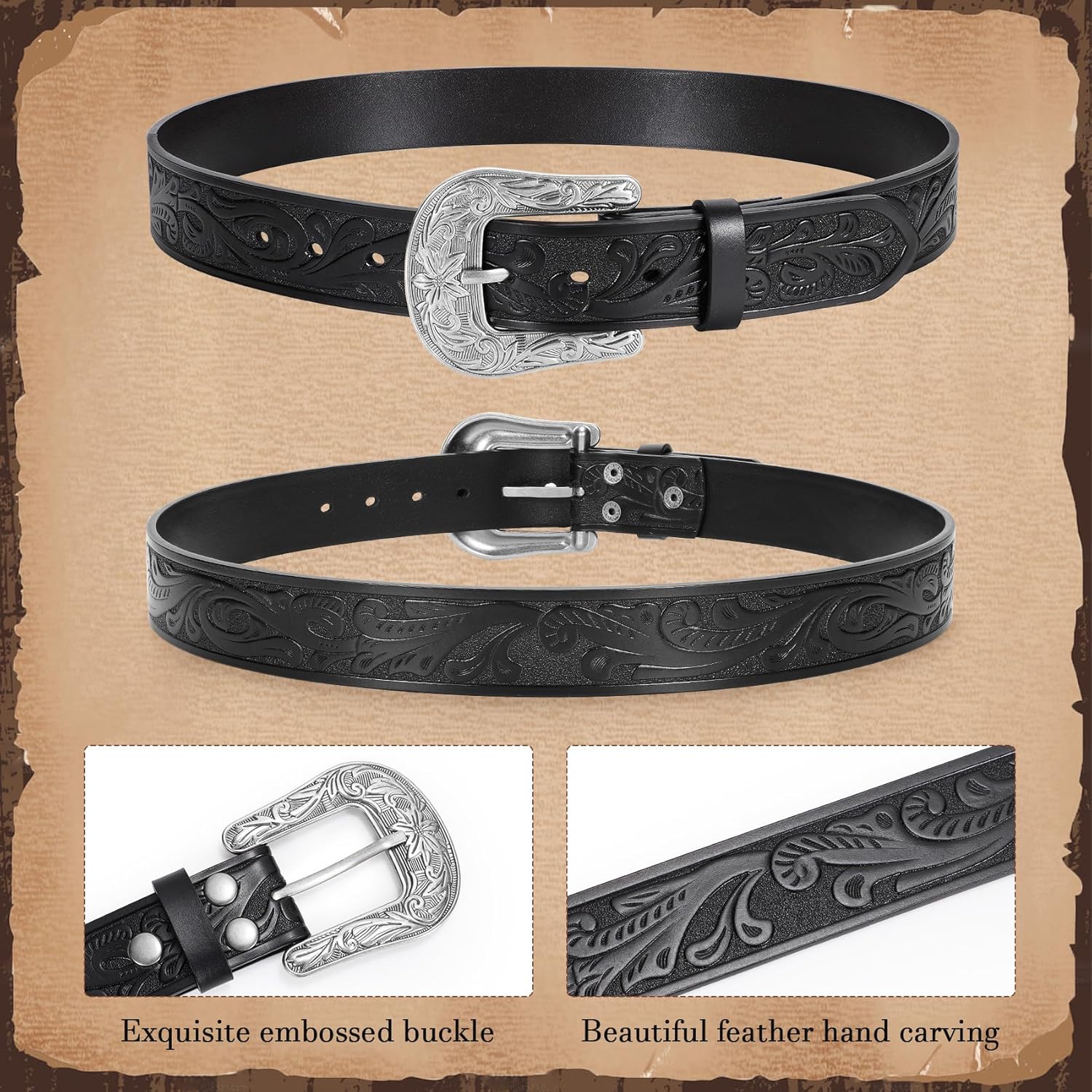 Thumbnail 4 de XZQTIVE Women's Western Belt – Tooled Leather Cowgirl Belt with Vintage Engraved Design