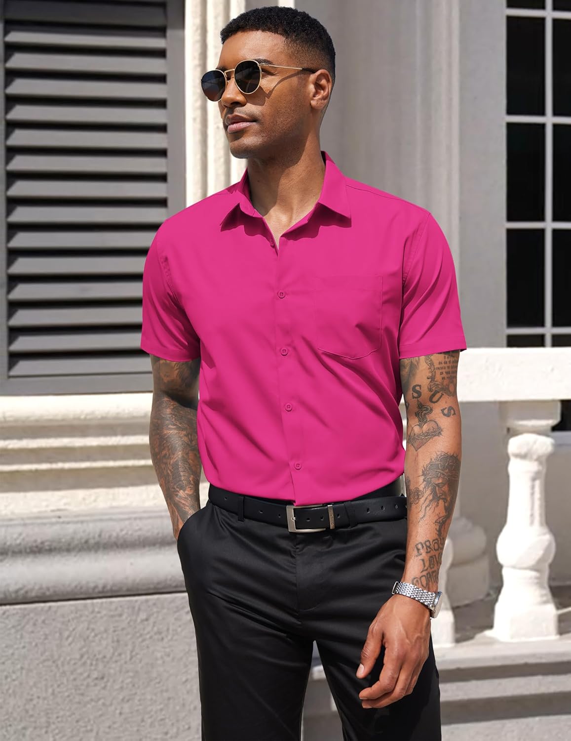 Detalle de COOFANDY Men’s Short Sleeve Casual Button-Down Shirt with Pocket (Business & Untucked Wear)