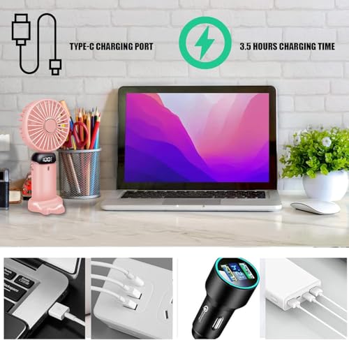 Thumbnail 6 de Jsdoin Ventilador de mano portátil 5 velocidades: plegable, recargable USB y con pantalla LED (rosa)