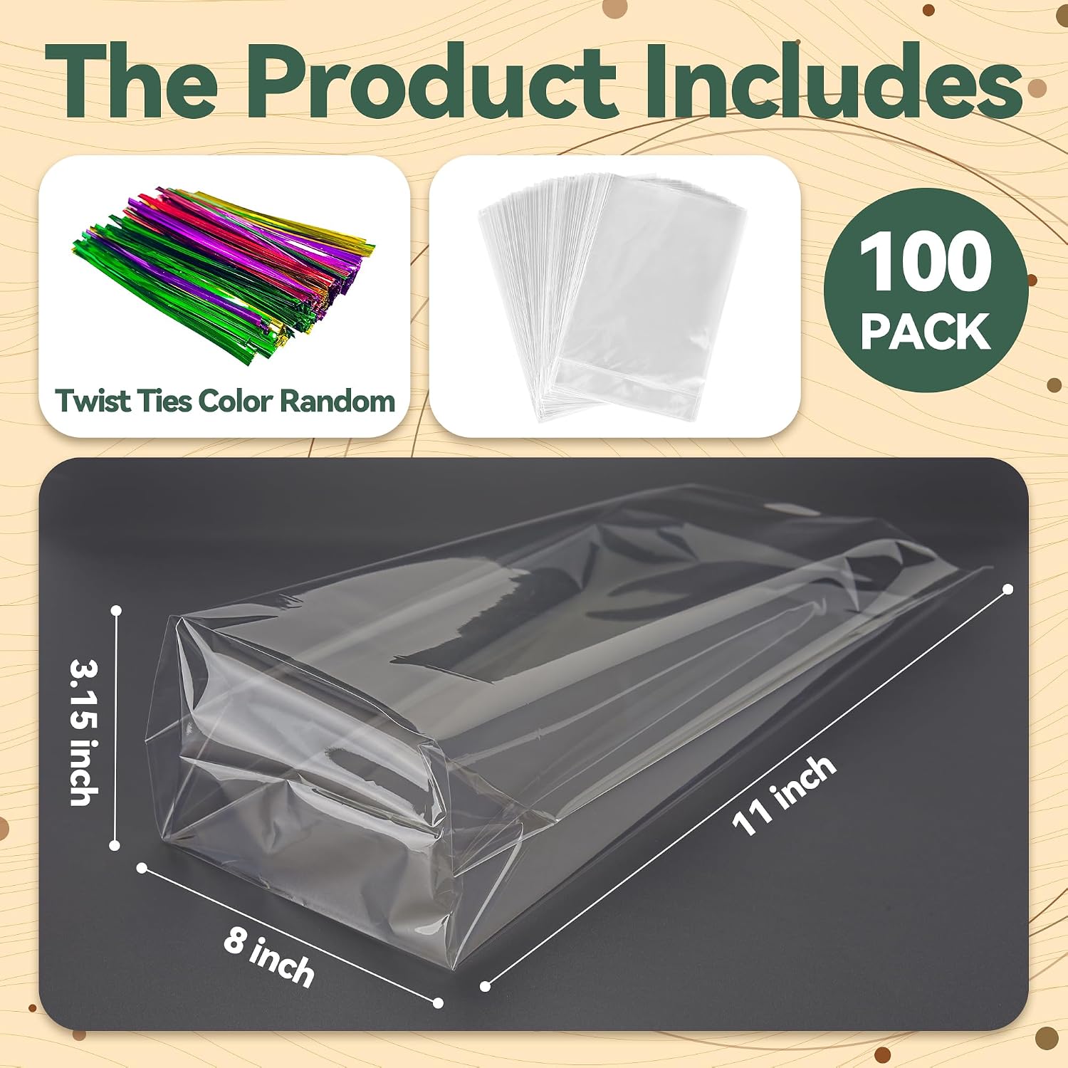 Detalle de NPLUX 100 Pack Clear Flat Bottom Cellophane Treat Bags with Twist Ties (8x11x3.15 in)