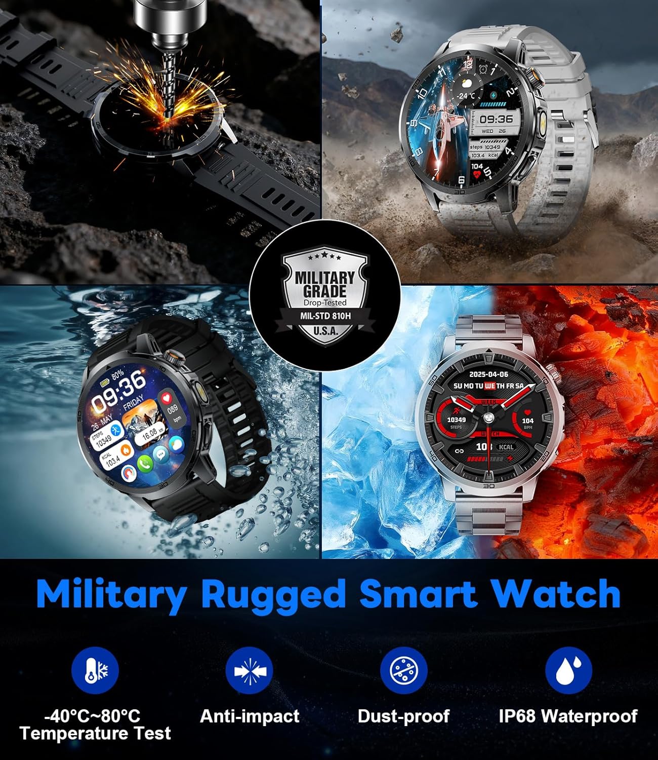 Thumbnail 2 de Montre Connectée Homme 1,85" : écran tactile, appels Bluetooth, cardio & sommeil, IP68, torche LED