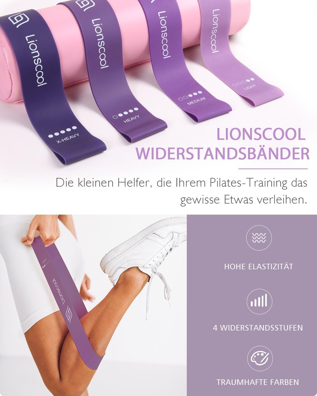 Detalle 2 de LIONSCOOL Pilates-Ring-Set 14“/35 cm – Magic Circle mit Doppelgriffen, Miniball, Widerstandsbändern und Transporttasche
