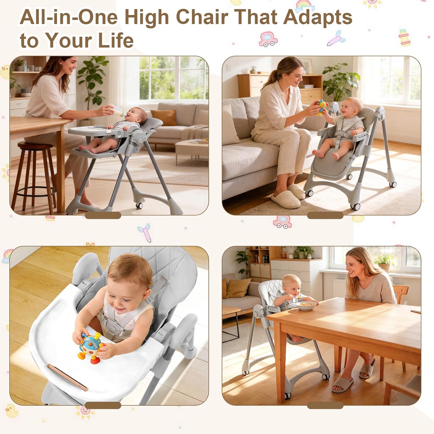 Thumbnail 6 de zebrater Convertible High Chair with Wheels, 7 Heights and 4-Position Recline