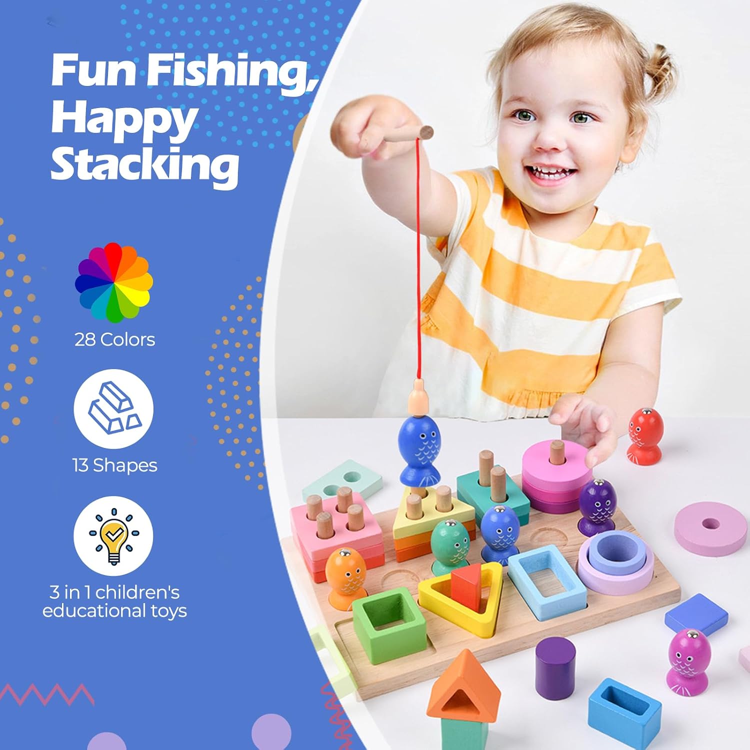 Thumbnail 2 de Hoiloie Montessori-Spielzeug ab 1 Jahr (3-in-1) aus Holz: Farb- & Formsortierer, Stapelspiel und Angelspiel mit 28 Klötzen