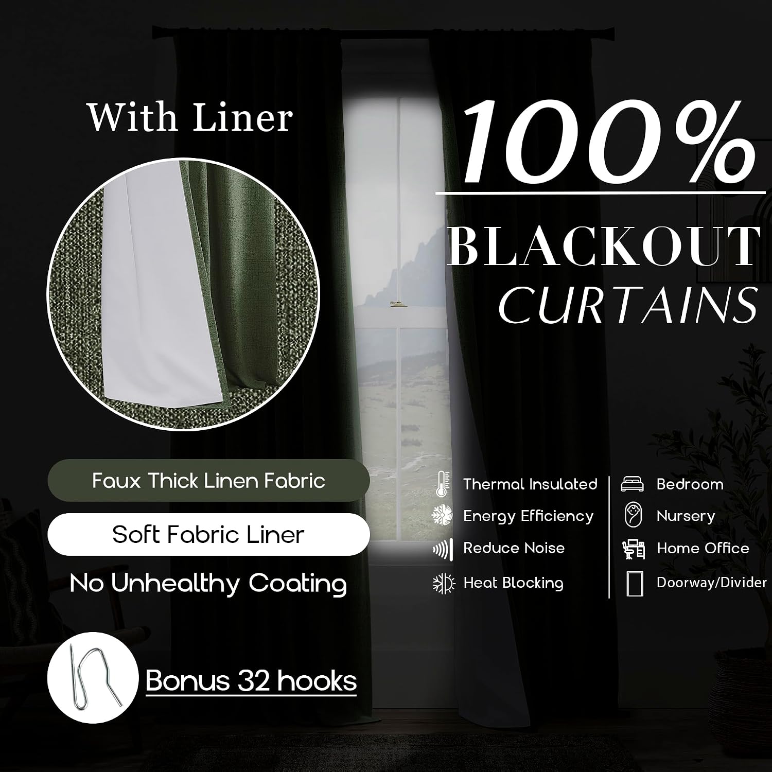 Thumbnail 4 de PANELSBURG 102 Inch Olive Green Blackout Curtains 🪟