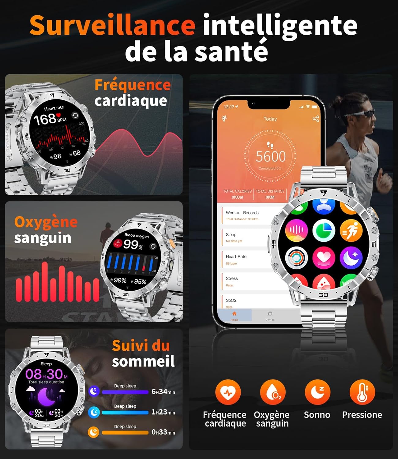 Detalle de SUNKTA Montre Connectée Homme 1000 mAh – 1,7″ HD, 3 bracelets, Bluetooth appels, LED et suivi santé
