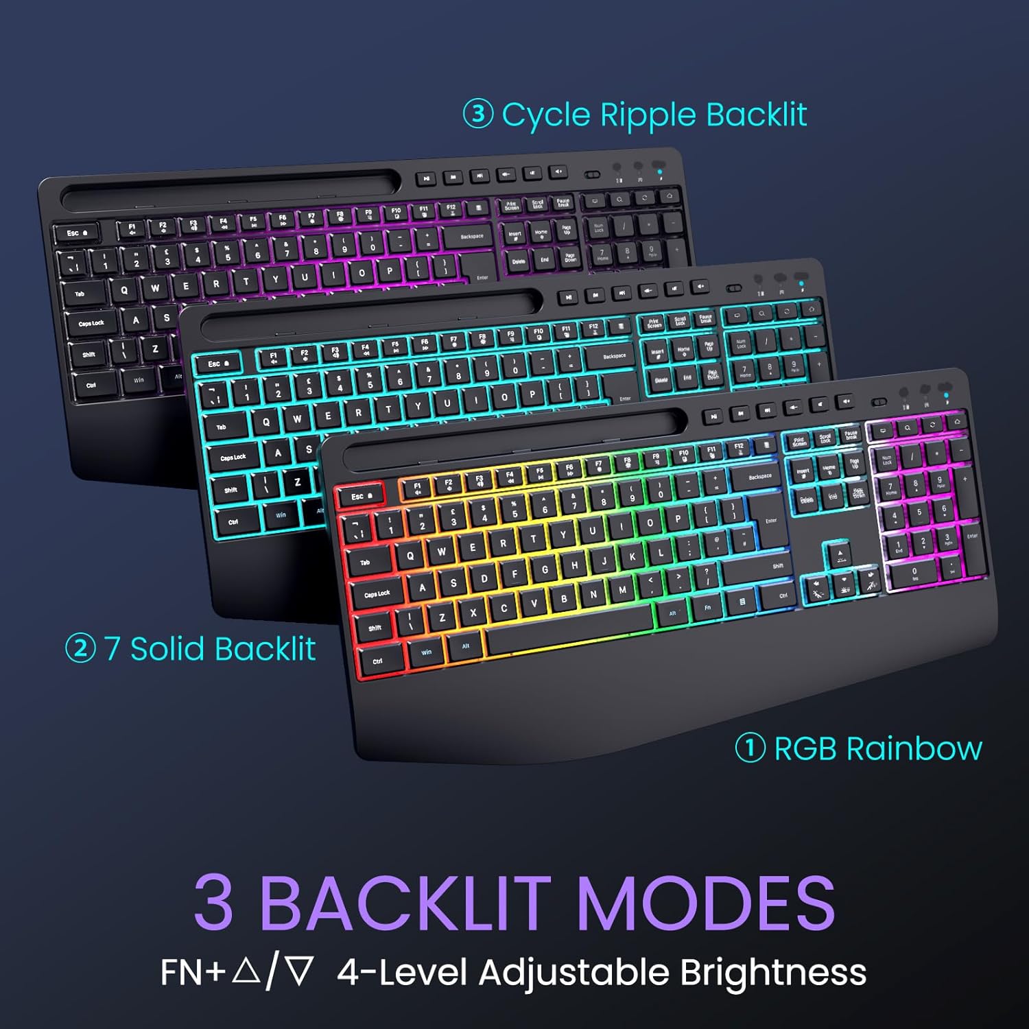 Detalle 2 de VEILZOR Wireless Keyboard and Mouse Set with 9 RGB Backlit Effects and Wrist Rest (2.4G Rechargeable)