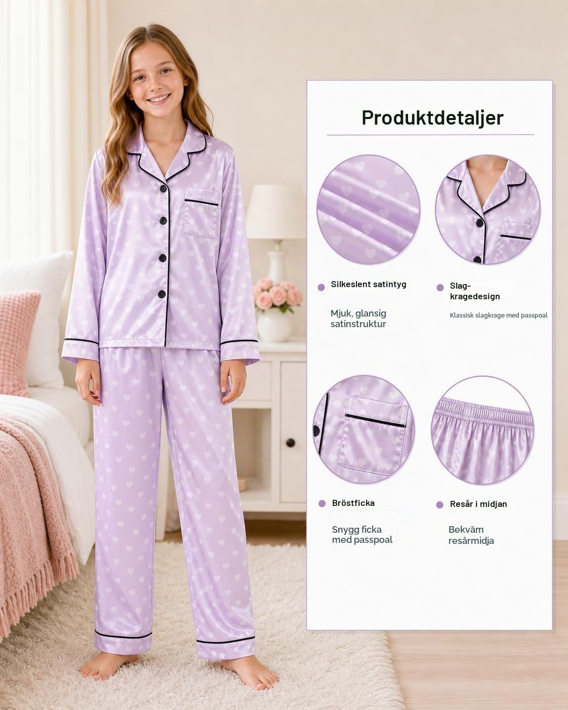 Thumbnail 3 de JiAmy satinpyjamas-set för flickor 7–14 år, långärmad modell