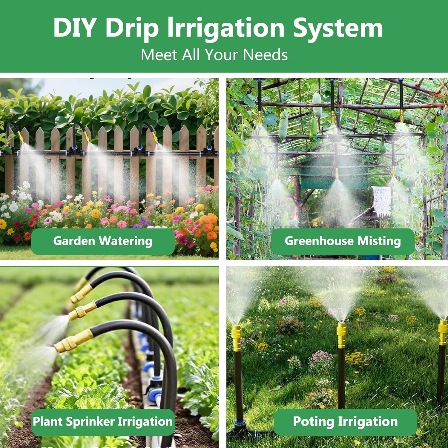 Thumbnail 3 de 100FT Drip Irrigation System with 16 Copper Adjustable Nozzles – 1/4 Inch Hose for Gardens, Raised Beds, Greenhouses & Yard