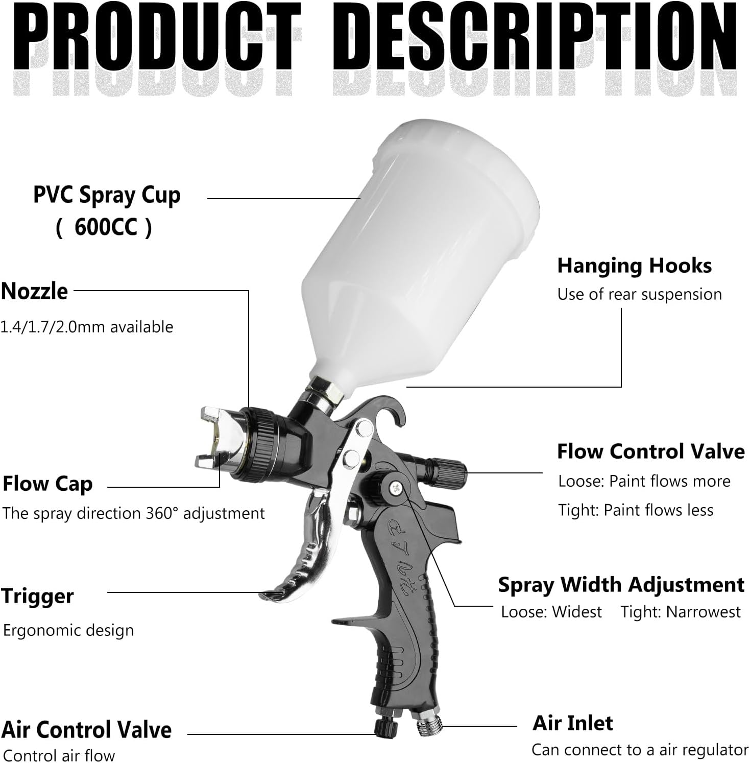 Detalle 2 de HVLP Spray Gun Paint Sprayer Kit with 3 Nozzles (1.4/1.7/2.0mm) and Pressure Gauge, 600ML Cup