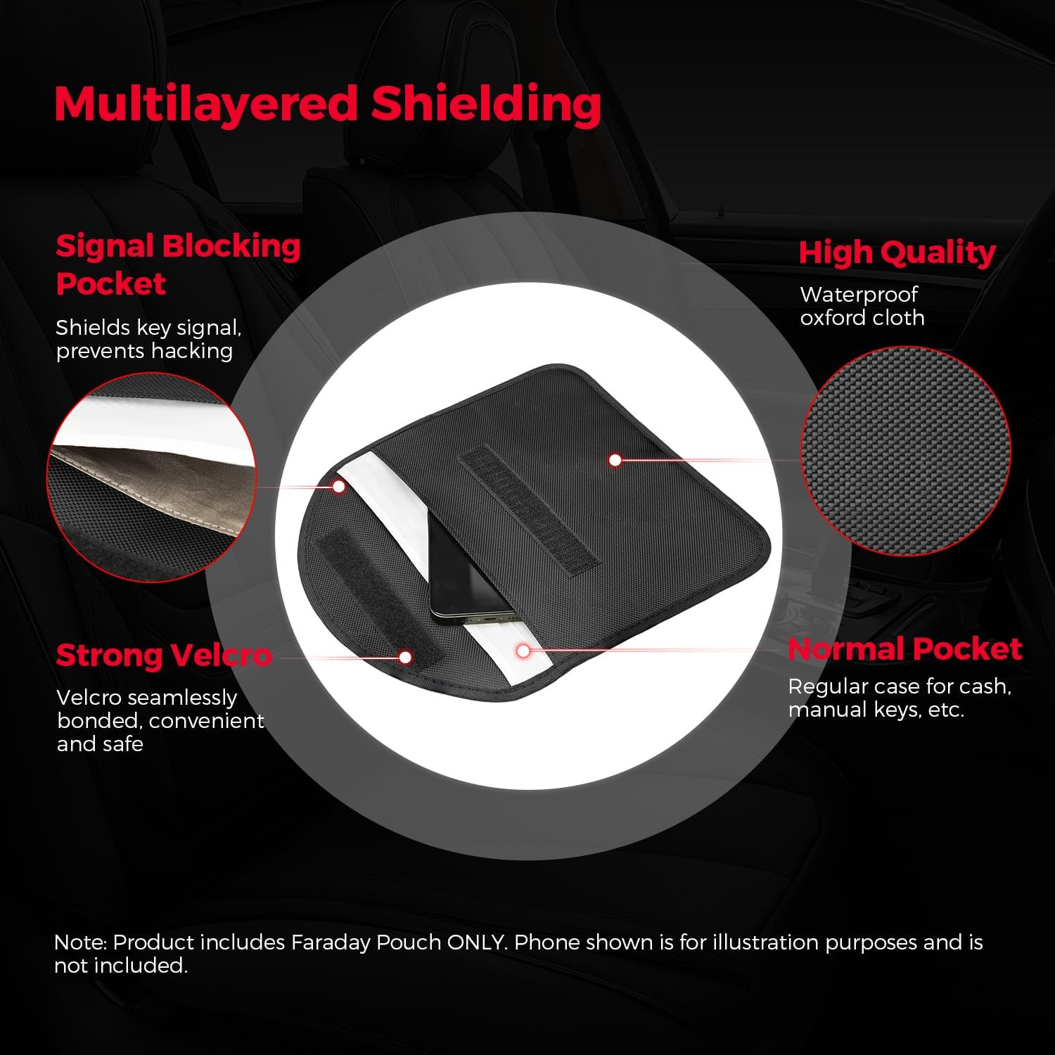 Thumbnail 3 de XTRONS Large Faraday Pouch (Car Keys/Phones) – RFID signal blocking key bag with hook, waterproof carbon fibre, black