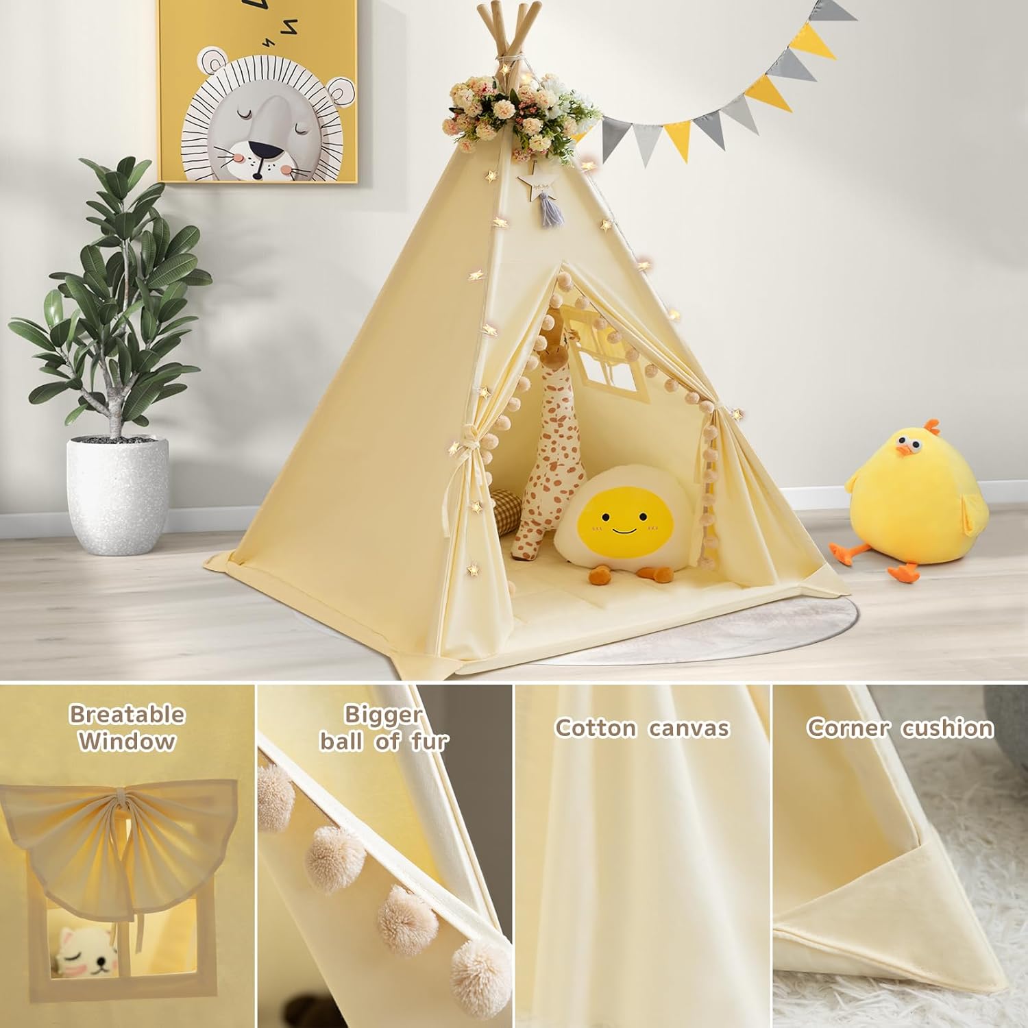 Detalle 2 de WIRHAO kids teepee tent with padded mat, cotton canvas and star lights (cream)