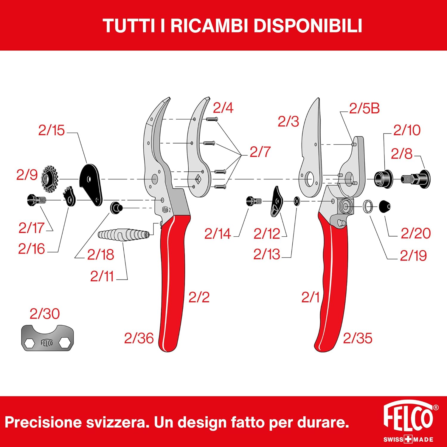 Detalle de FELCO 2: cesoia bypass professionale per destri, lama acciaio temprato 41 mm, manici in alluminio forgiano