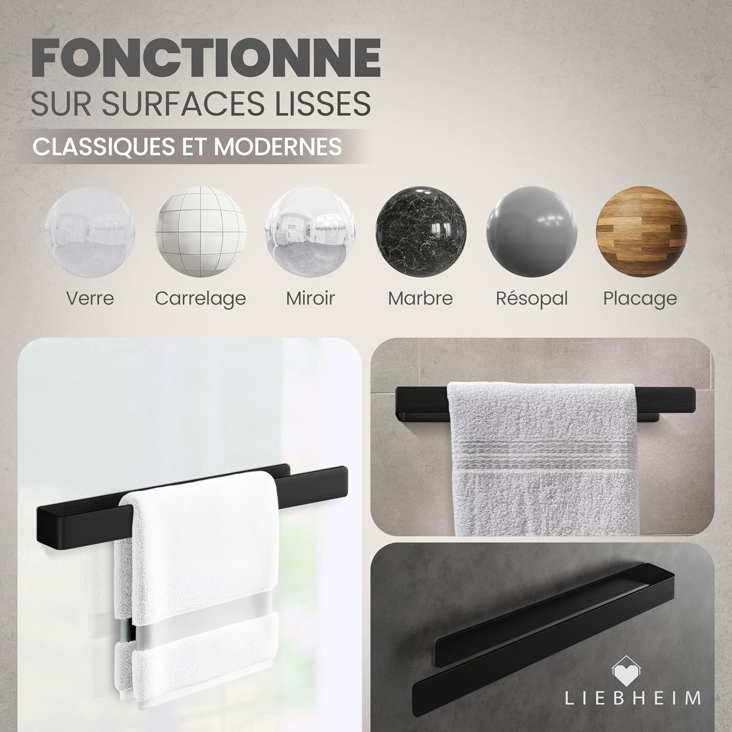 Detalle 2 de LIEBHEIM porte-serviette mural sans perçage en aluminium noir – 40 cm