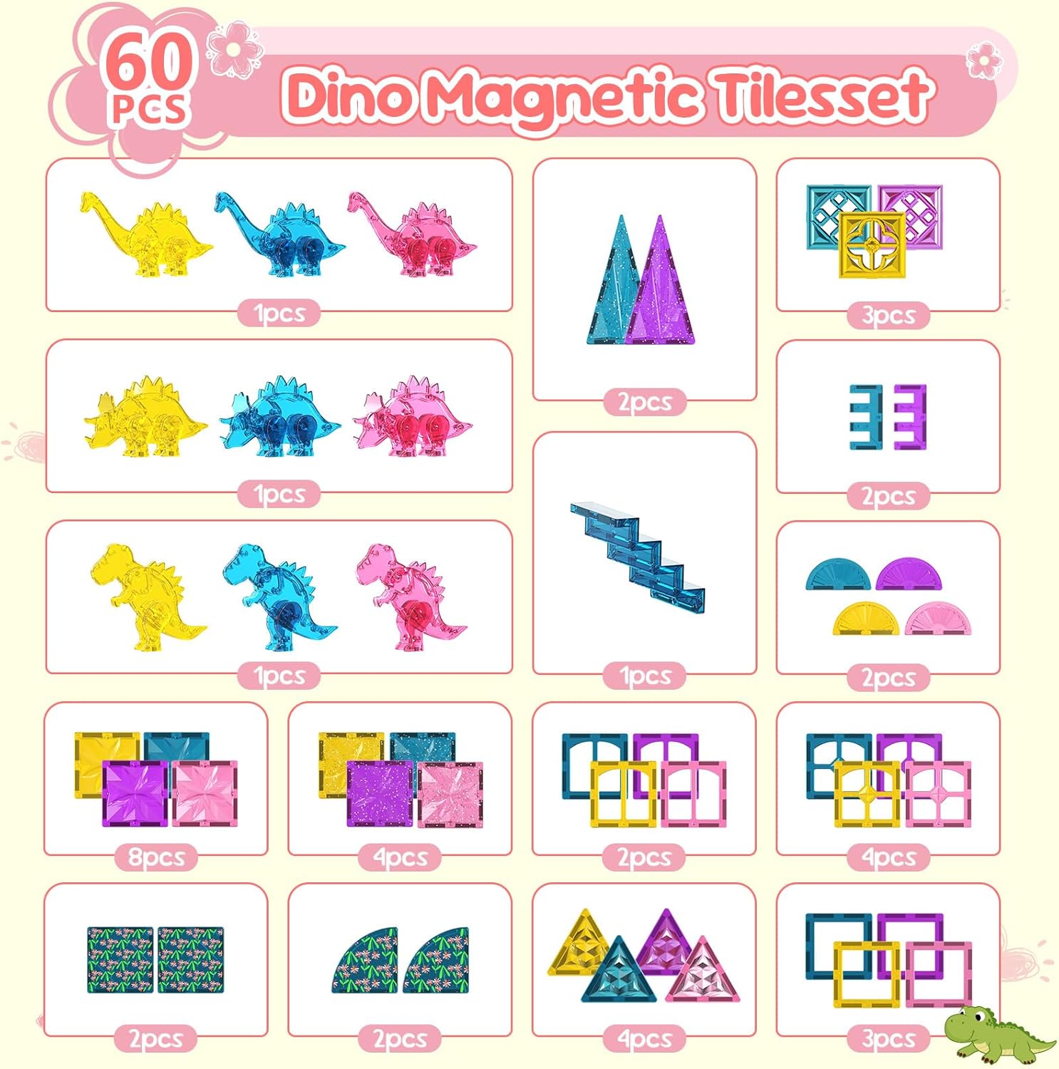 Detalle de UREC 60PCS Dinosaur Toys Magnetic Tiles for Girls: Pink Dino Magnetic Building Blocks (Ages 3-8)