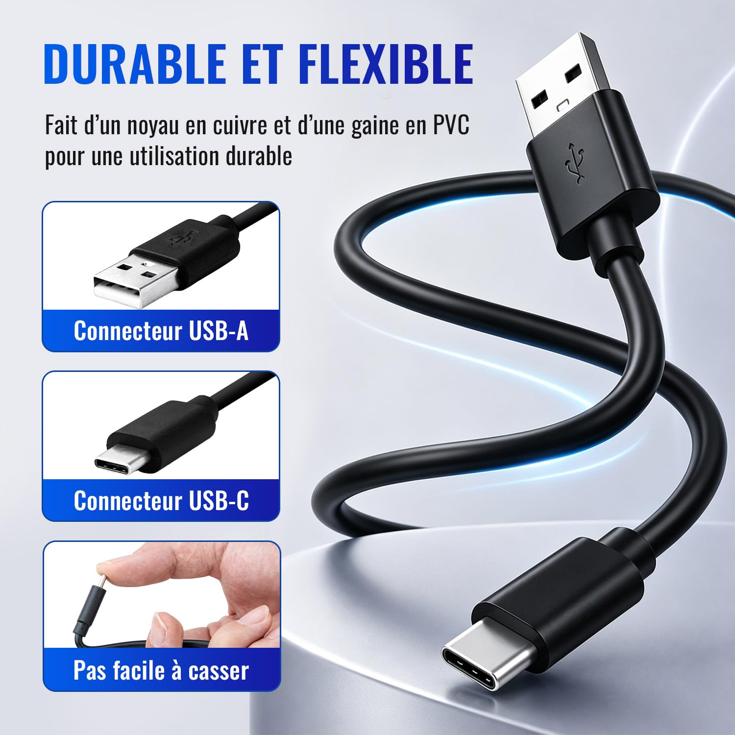 Detalle de Tolesum Câble USB-C 3m (USB-A vers USB-C) pour manettes PS5, Xbox Series X/S et Switch Pro
