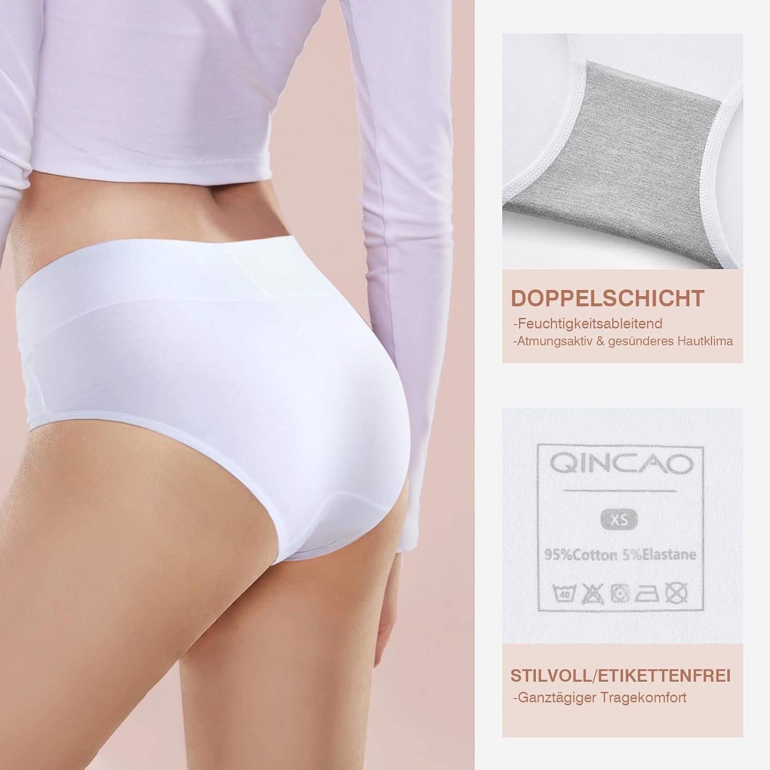 Detalle 2 de QINCAO Damen-Unterhosen im 6er-Set mit hoher Taille aus Baumwolle (Stretch, atmungsaktiv)