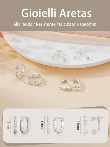 Detalle de Set di 3 paia orecchini a cerchio piccoli in argento sterling Aretas – Orecchini sovrappponibili ipoallergenici