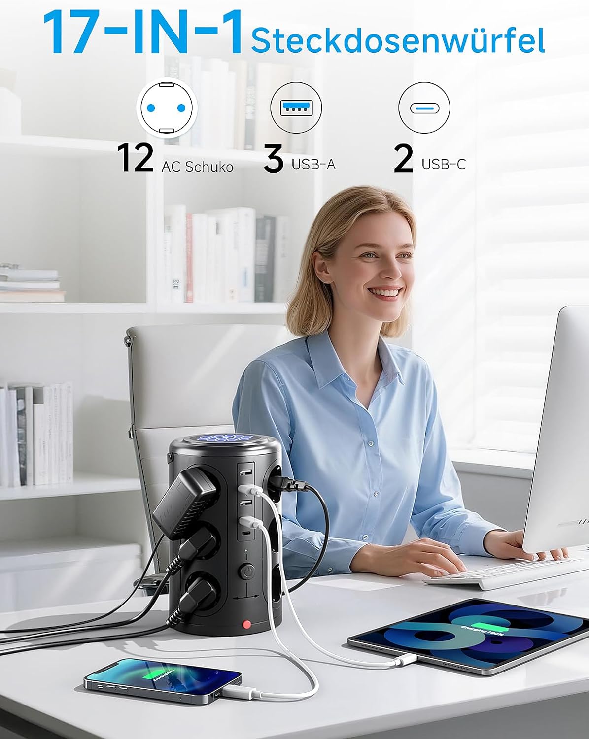 Thumbnail 1 de Pluackg Mehrfachsteckdose mit 5 USB, 12-fach Steckdosenleiste, Überspannungsschutz 1600 J, 2 m Verlängerungskabel – Schwarz