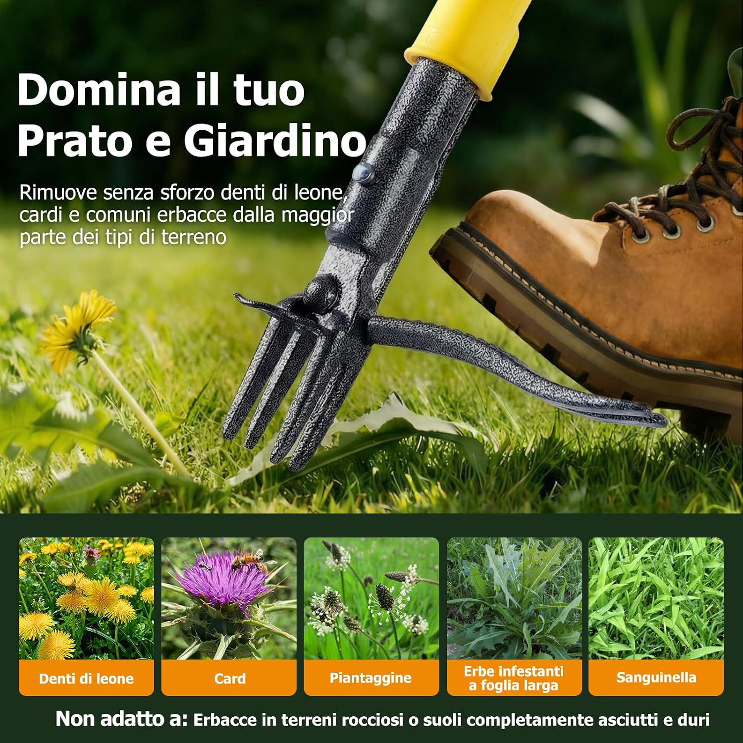 Detalle 2 de Estirpatore per Erbacce e Denti di Leone, 109 cm, con 4 Artigli in Acciaio e Sistema di Espulsione a Scorrimento