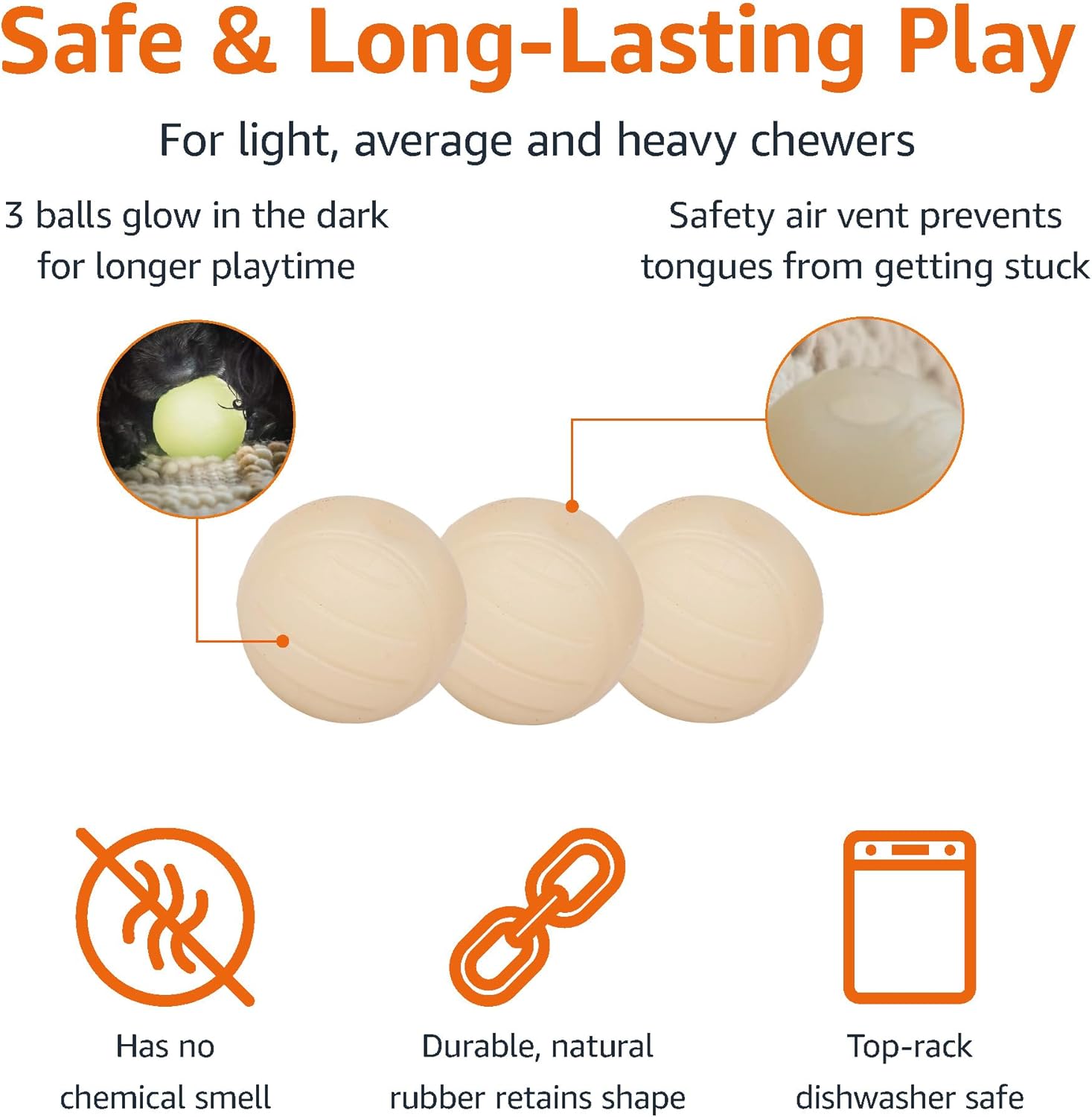 Detalle de Amazon Basics Glow-in-the-Dark Rubber Dog Toys – 3-Pack, 2.5 inches (Beige)