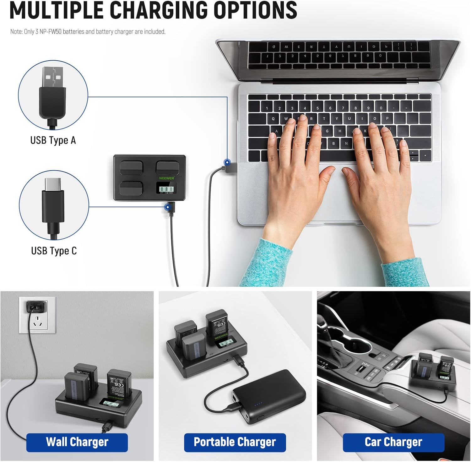 Detalle de NEEWER 3-Pack NP-FW50 replacement batteries and triple-slot USB charger for Sony cameras