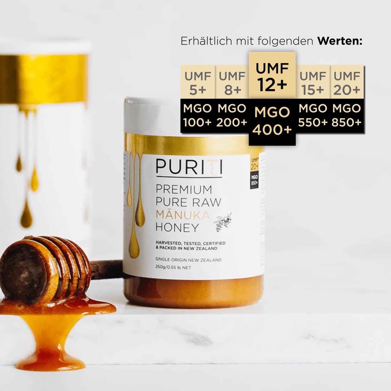 Detalle de PURITI Manuka Honig MGO 400+ 500 g aus Neuseeland – laborgeprüft, direktimportiert, frei von Zusatzstoffen