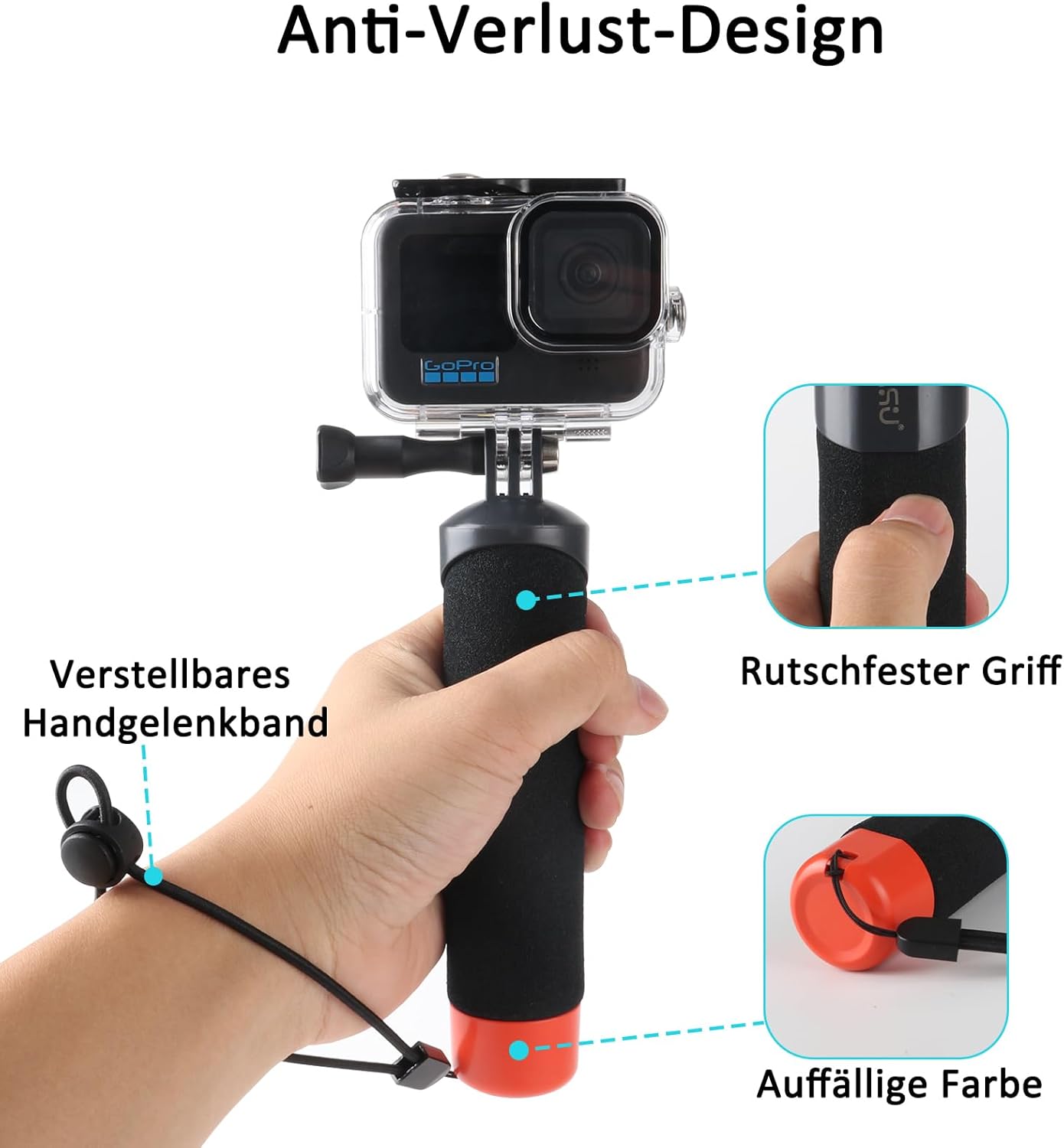 Thumbnail 2 de HSU wasserdichter Einbeinstativ-Schwebegriff für Action-Kameras (z. B. GoPro Hero 12/11/10/9/8/7/6/5/4 Session, DJI Osmo u. a.)