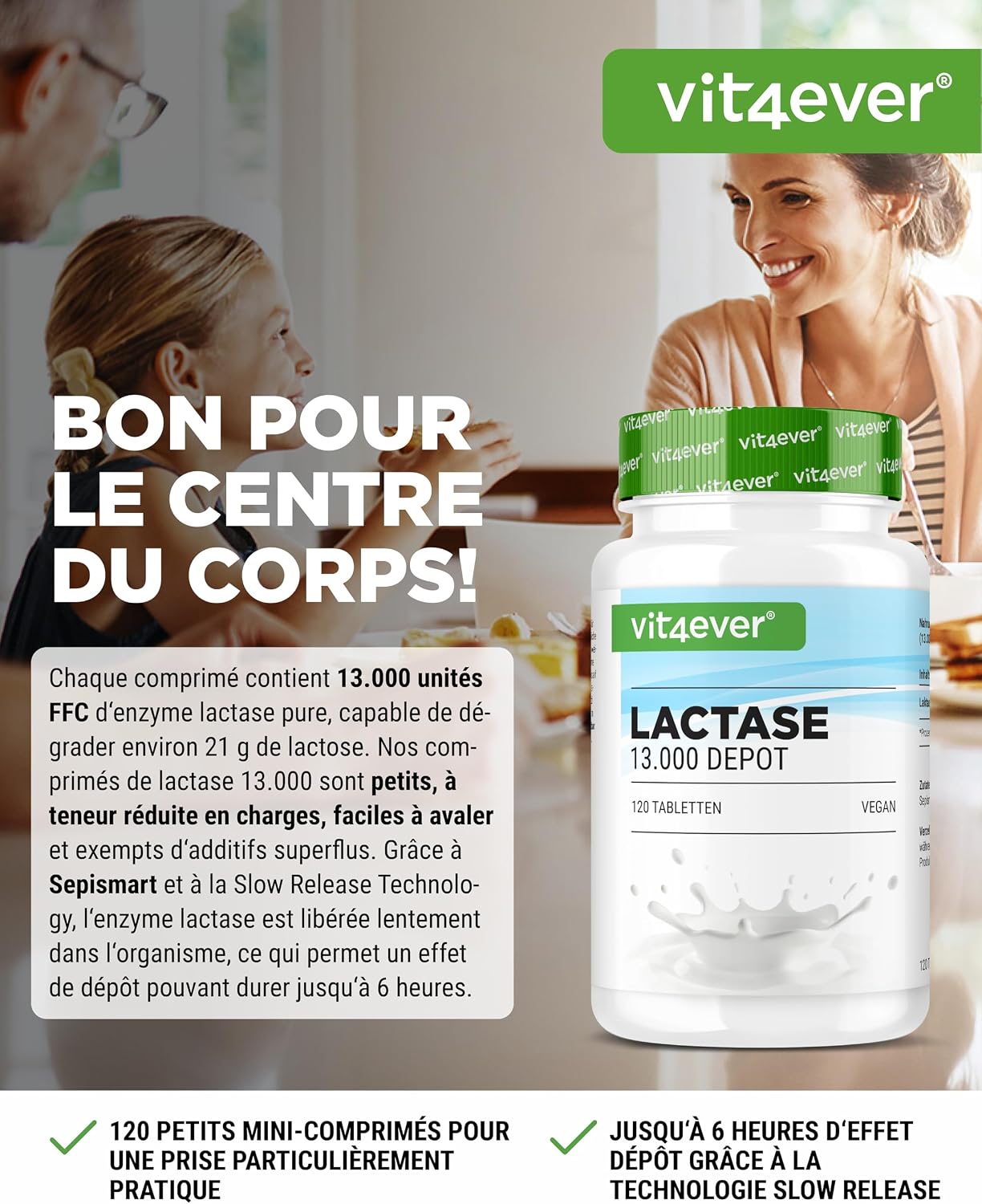 Detalle 2 de Lactase 13.000 Depot Sepismart Slow Release – 120 comprimés à libération prolongée pour l’intolérance au lactose