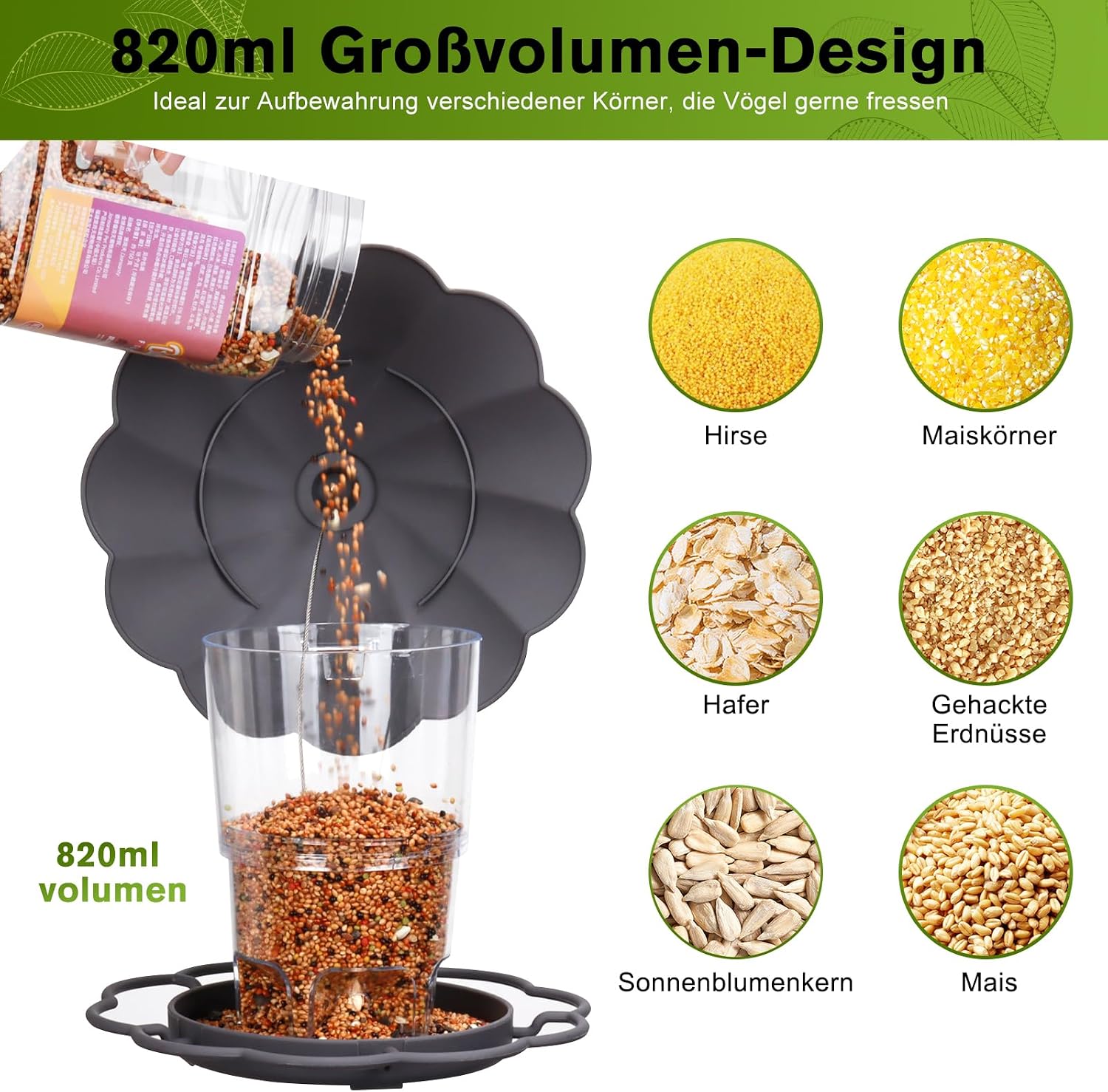 Detalle 2 de PBWZF Vogelfutterhaus zum Aufhängen (820 ml), faltbarer Futterspender für Balkon & Garten