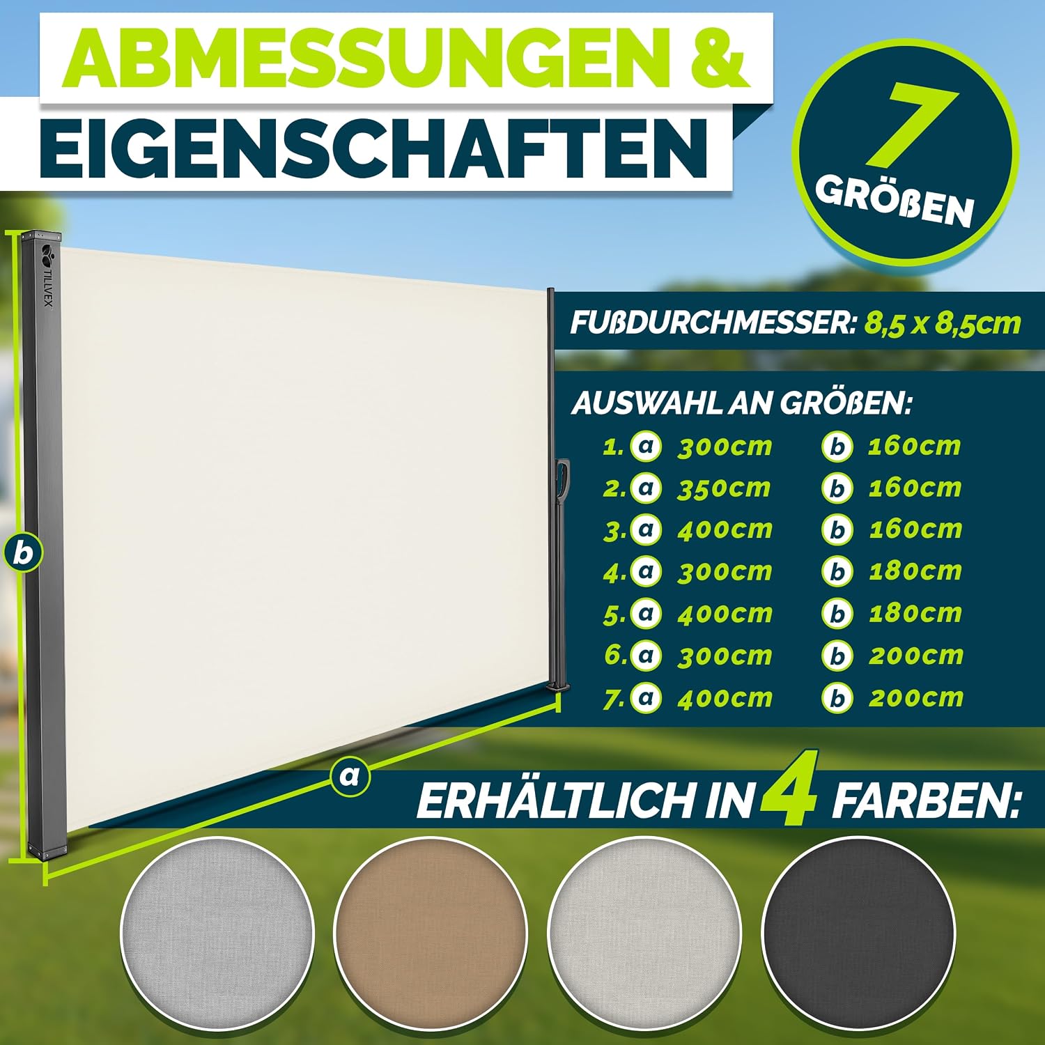 Thumbnail 6 de tillvex® Seitenmarkise 160 x 350 cm ausziehbar mit Blickschutz & Regencover