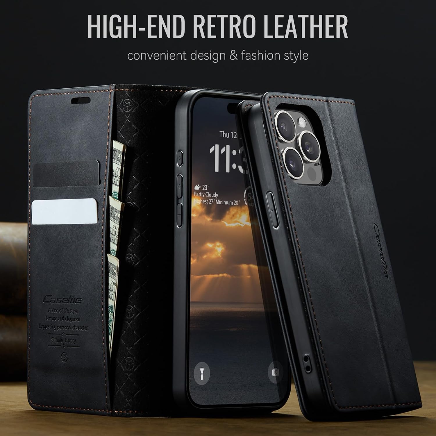 Detalle de Lonjanfon iPhone 14 Pro 5G Flip Wallet Hülle aus Kunstleder mit RFID-Schutz