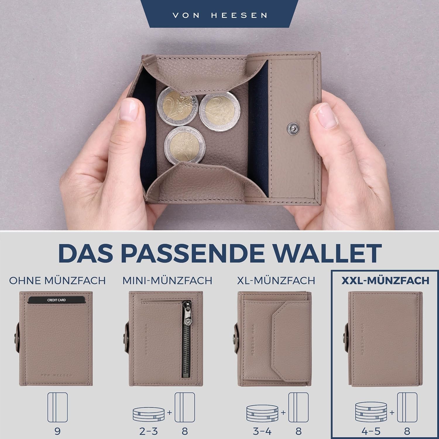 Detalle de VON HEESEN Slim Wallet mit XXL Münzfach & RFID-Schutz – Taupe, Leder-Geldbeutel im Kartenformat