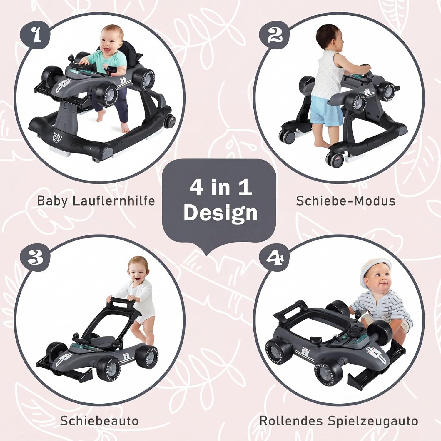 Detalle 2 de COSTWAY 4-in-1 Lauflernhilfe (dunkelgrau) mit klappbarem Lauflernwagen, Musikbox, Licht & Rädern – für ca. ab 6 Monaten, bis 12 kg
