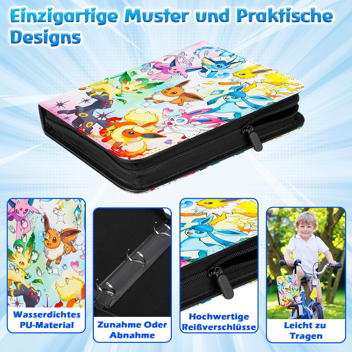 Detalle de Sammelalbum für Pokemon Karten (YB400) – 50 Seiten, 400 Karten Kapazität, PU‑Material, wasserdicht, inkl. Reißverschluss und Handschlaufe