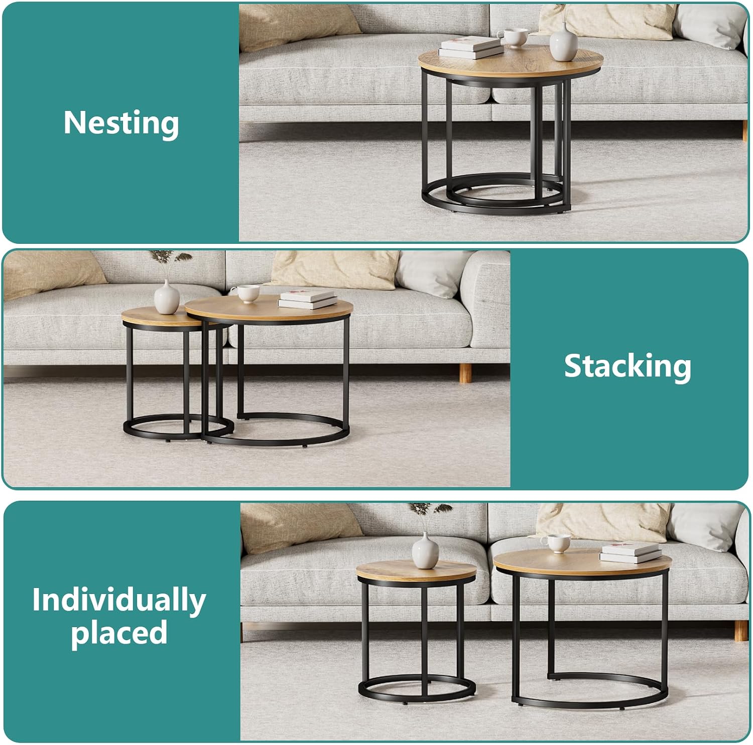 Thumbnail 4 de Smuxee Nesting Coffee Table Set of 2, 23.6-Inch Round Brown Wood Tables