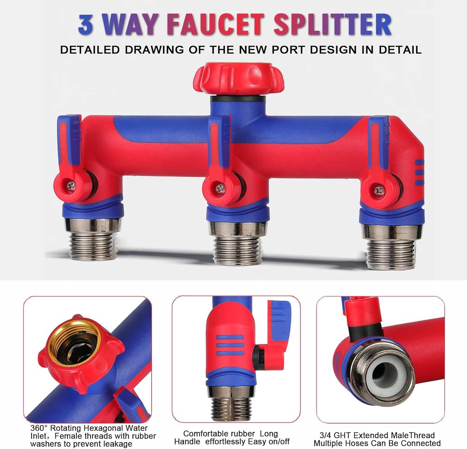 Detalle de 3 Way Hose Splitter: Garden Hose Connector with Shutoff Valves for Simultaneous Use