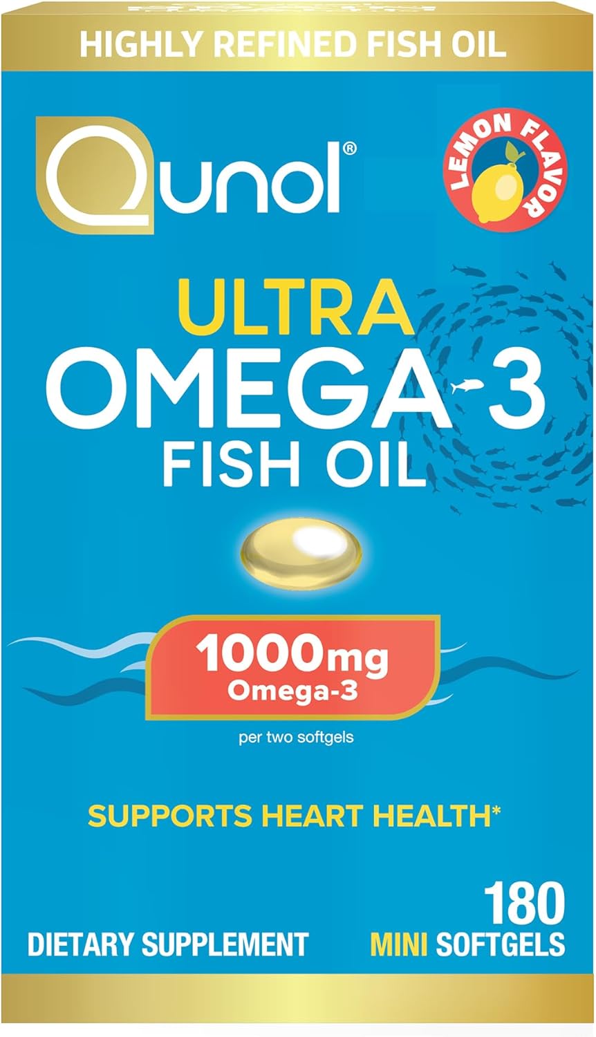 Detalle de Qunol 898440001455 Ultra Omega-3 Fish Oil Mini Softgels, Lemon, 180 Count