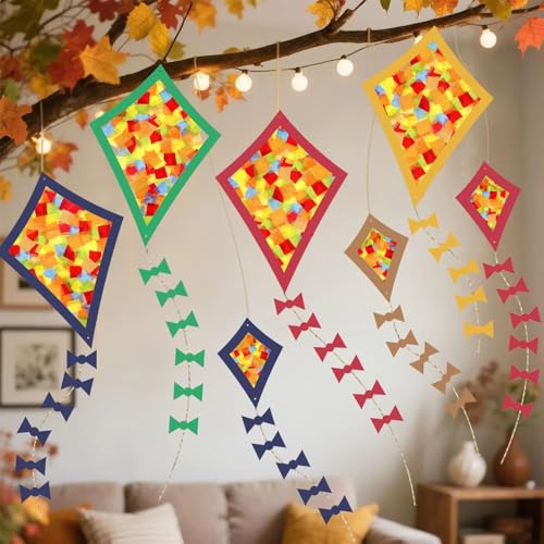 Detalle 2 de Herbstbasteln für Kinder – HILKKET Herbst Fensterbilder Bastelset mit 12 Papierdrachen (6 groß, 6 klein) + Tonkarton & Transparentpapier