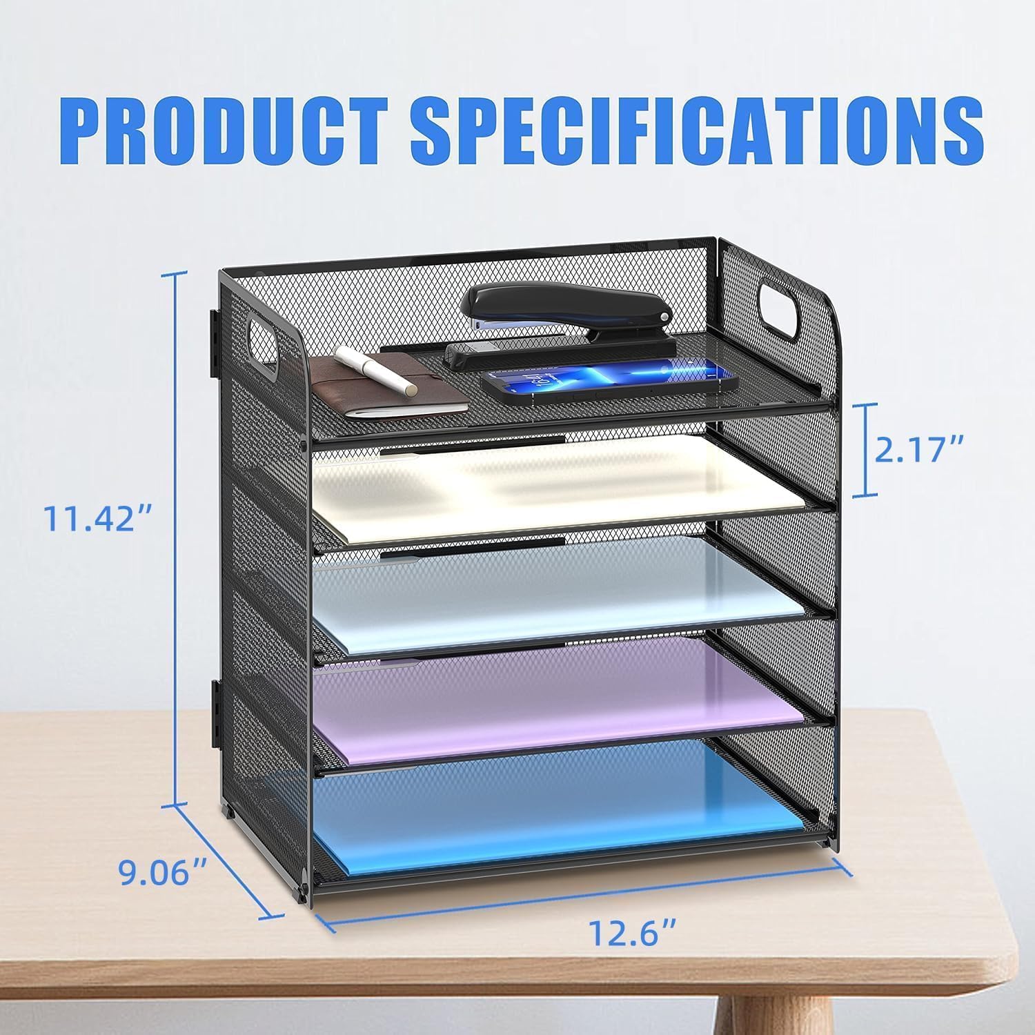Thumbnail 5 de SUPTIDY 5-Tray Paper Organiser with Handle (Mesh Desk File Organiser) – A4, Black