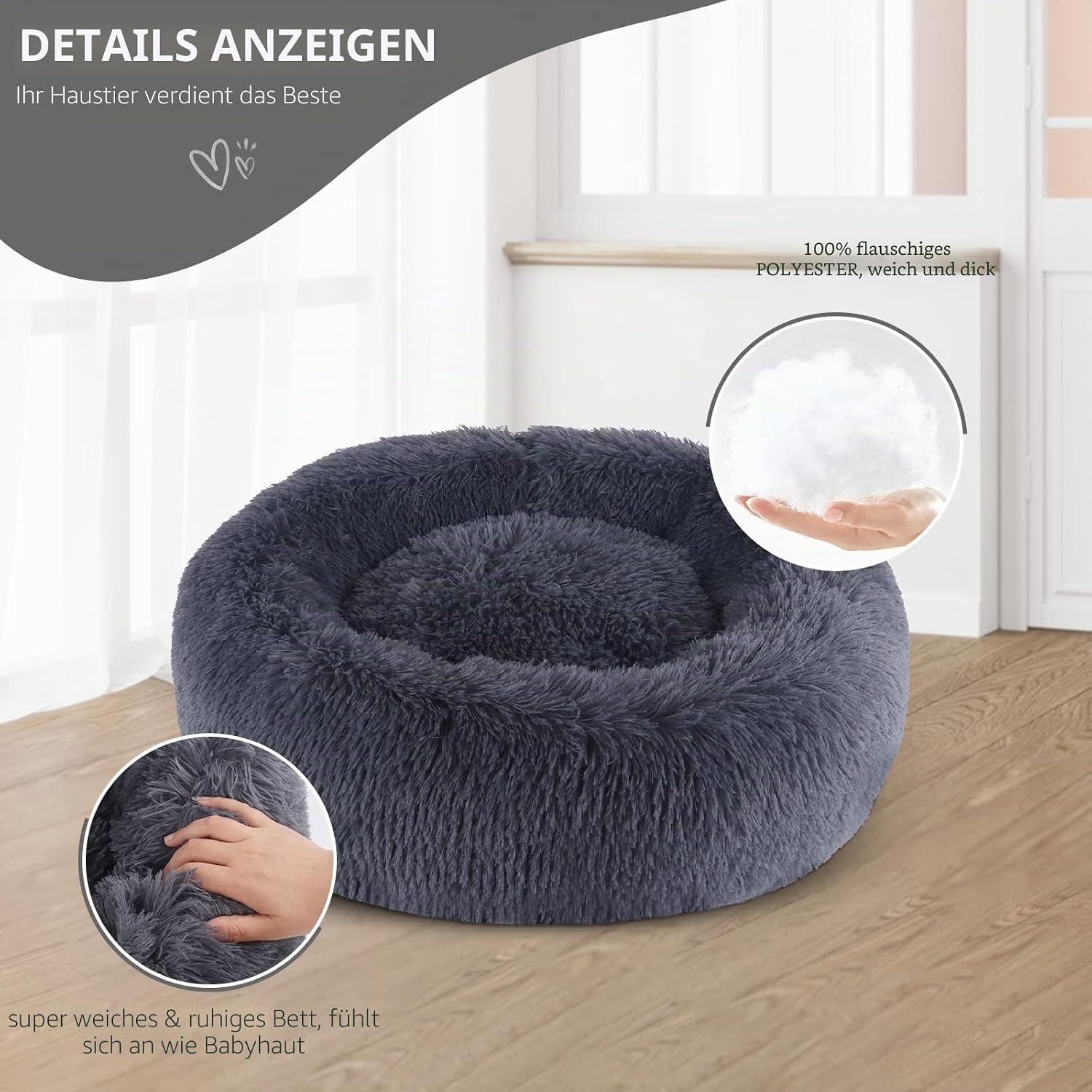 Detalle 2 de BVAGSS Rundes Hundebett Donut Kuscheliges Haustierbett 60 cm – Flauschig Plüsch, wasserdichte Unterseite, dunkelgrau