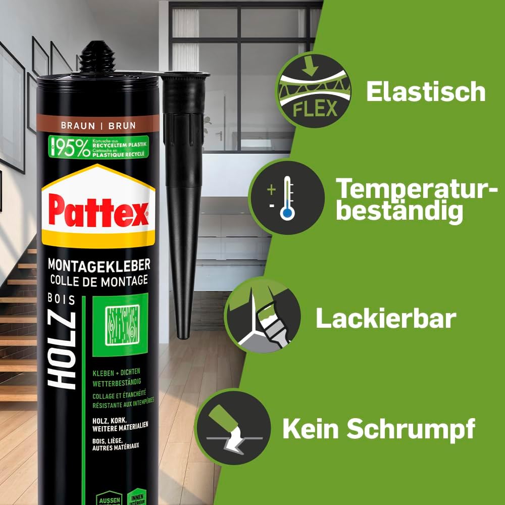 Detalle de Pattex Montage Holz (FlexTec), brauner Montagekleber für Holz und Holzwerkstoffe – wetterbeständig, 1x420 g Kartusche