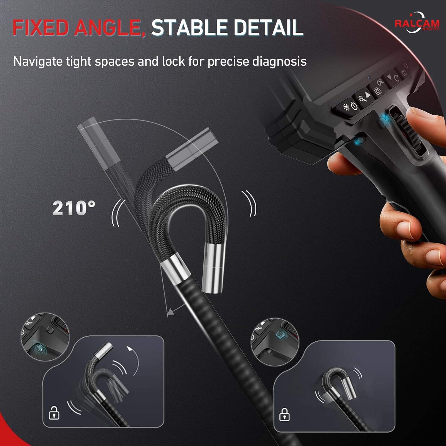 Thumbnail 3 de Ralcam Endoskopkamera mit Licht und 5" HD-Bildschirm – 210° beweglicher Kopf, IP67 (6,2 mm Sonde)