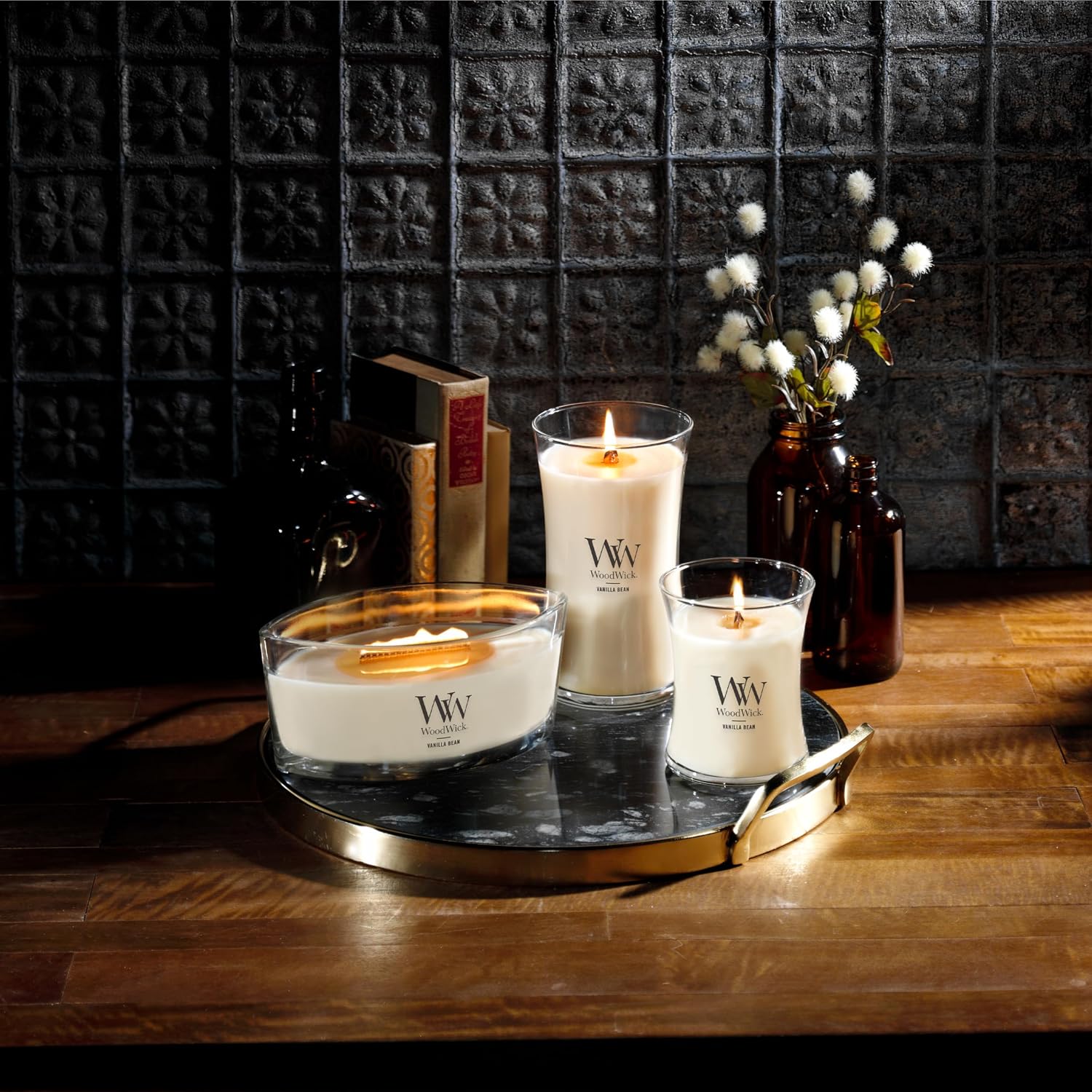 Detalle de WoodWick Candela Grande Profumata Vanilla Bean con Stoppino Scoppiettante – Durata fino a 130 Ore